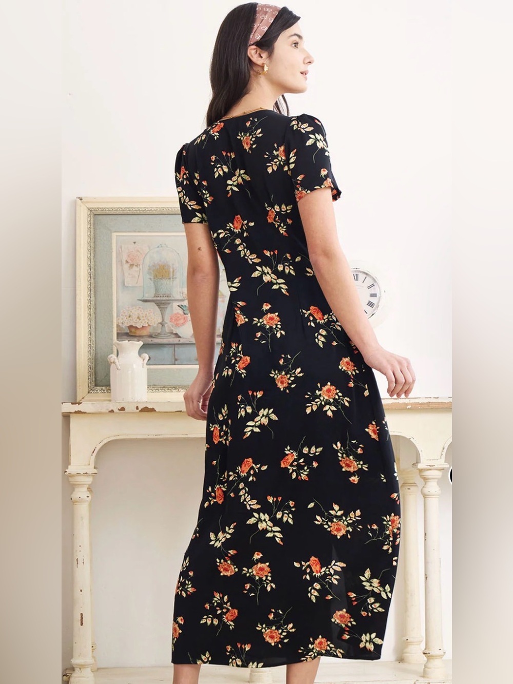 RIHOAS Black V Neck Floral Short Sleeve Maxi Dress Sz Medium - Picture 2 of 12